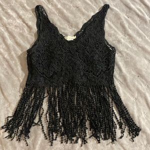 Black fringe lace crop